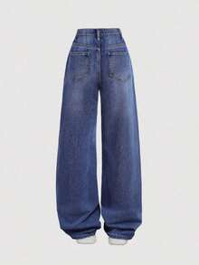 Jeans sencillos de uso diario con estampado de bigotes de gato para niñas adolescentes - Azul lavado oscuro - Ver 2