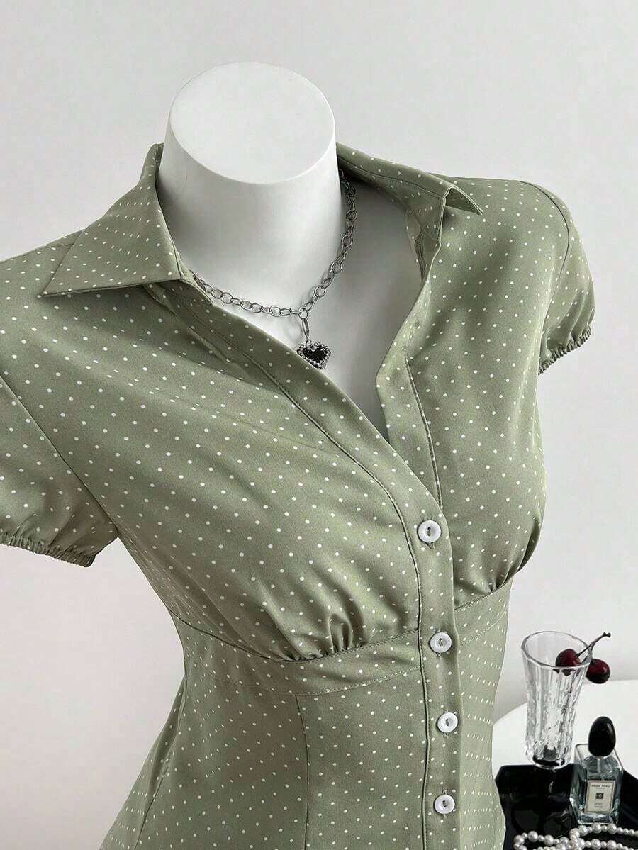 Camisa de mujer con cuello en V, cintura fruncida y manga corta, color blanco, para primavera/verano - Verde - Ver 1