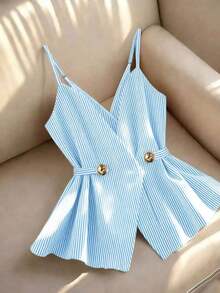 Camiseta sin tirantes casual de mujer con decoración de botones a rayas - Celeste - Ver 8