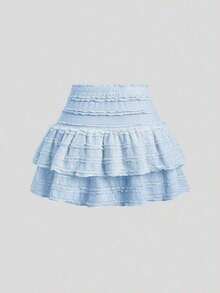 Falda mini casual y de resort Y2K con dobladillo de doble capa y ribete de volantes de unicolor - Celeste - Ver 2