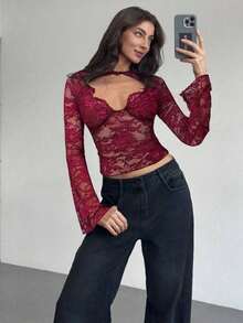 Blusa de manga larga con cuello en V profundo, transparente y con detalles de encaje negro para mujeres - Burdeos - Ver 6