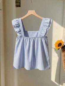Blusa de mujer de cuello cuadrado a rayas azul y blanca con mangas acampanadas con volantes y dobladillo con doble volante de longitud corta, estilo minimalista de oficina y vacaciones - Azul y blanco - Ver 2