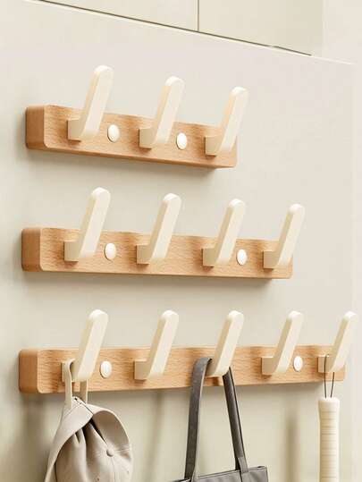 White Wooden Wall Mounted Coat Rack, Modern Natural Wood Hooks, Suitable For Hanging Clothes, Hats, Bags, Keys And Towels