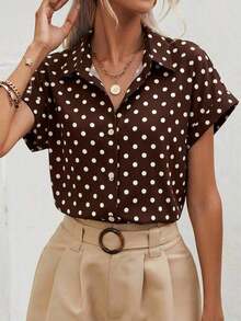 Blusa de estilo minimalista casual con estampado de lunares blancos y patrón de monedas vintage, adecuada para primavera/verano, versátil - Multicolor 3 - Ver 4