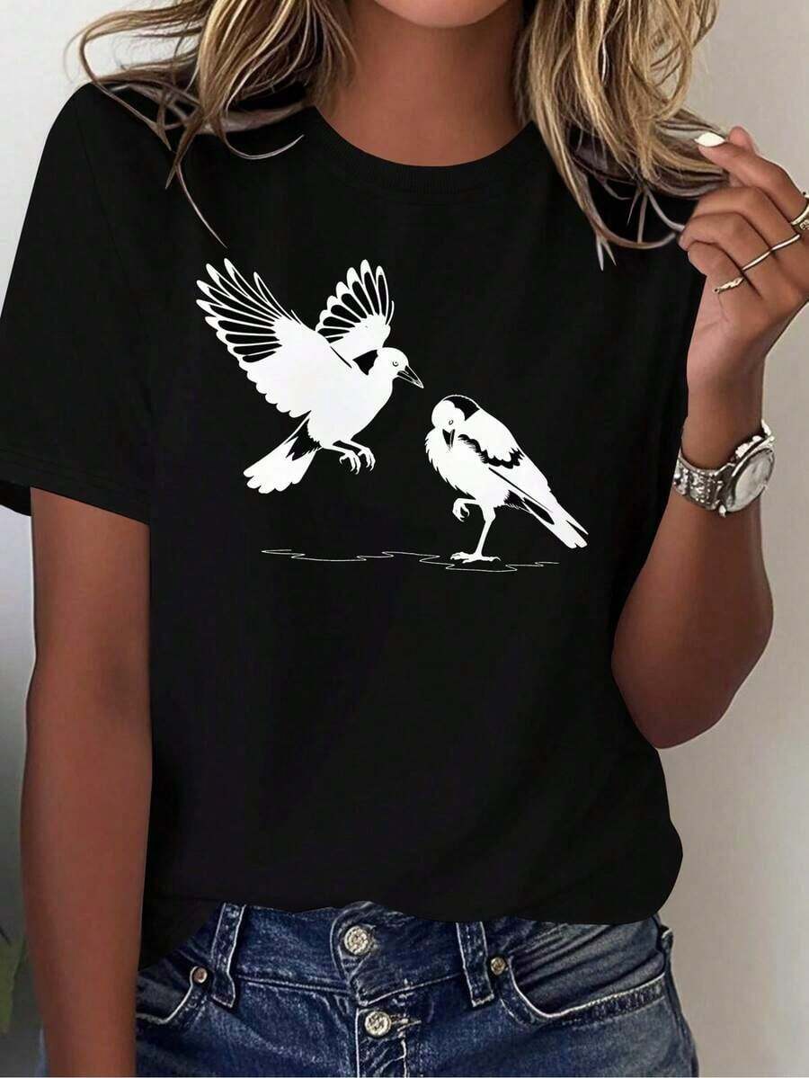 Solt 1 pieza talla unisex. Camiseta de algodón de talla grande de verano para mujer. Camiseta estampada para mujer Bird Australian Magpie Pure, cómoda y versátil, de manga corta informal. Material absorbente del sudor, suave y agradable para la piel. 100% algodón con estampado gráfico - Negro 2 - Ver 1