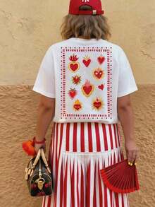 Camiseta de mujer, camiseta gráfica de manga corta de estilo casual de calle, top de verano lindo - Blanco 7 - Ver 4