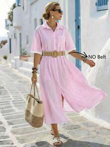Holidaya Vestido casual de mujer con bolsillo, cuello de solapa y rayas, para verano - Rosa - Ver 4
