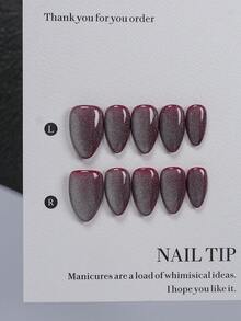 10 piezas de uñas cortas con forma de almendra hechas a mano (incluye herramientas de manicura), pegatinas de uñas con efecto ojo de gato en color rojo vino degradado con brillo plateado, uñas postizas brillantes, adecuadas para ir al trabajo, atuendos de otoño/invierno, estilo elegante de señora y regalos, aplicables para todas las estaciones, pegatinas de uñas, suministros de uñas, uñas de aplicación - Multicolor - Ver 3