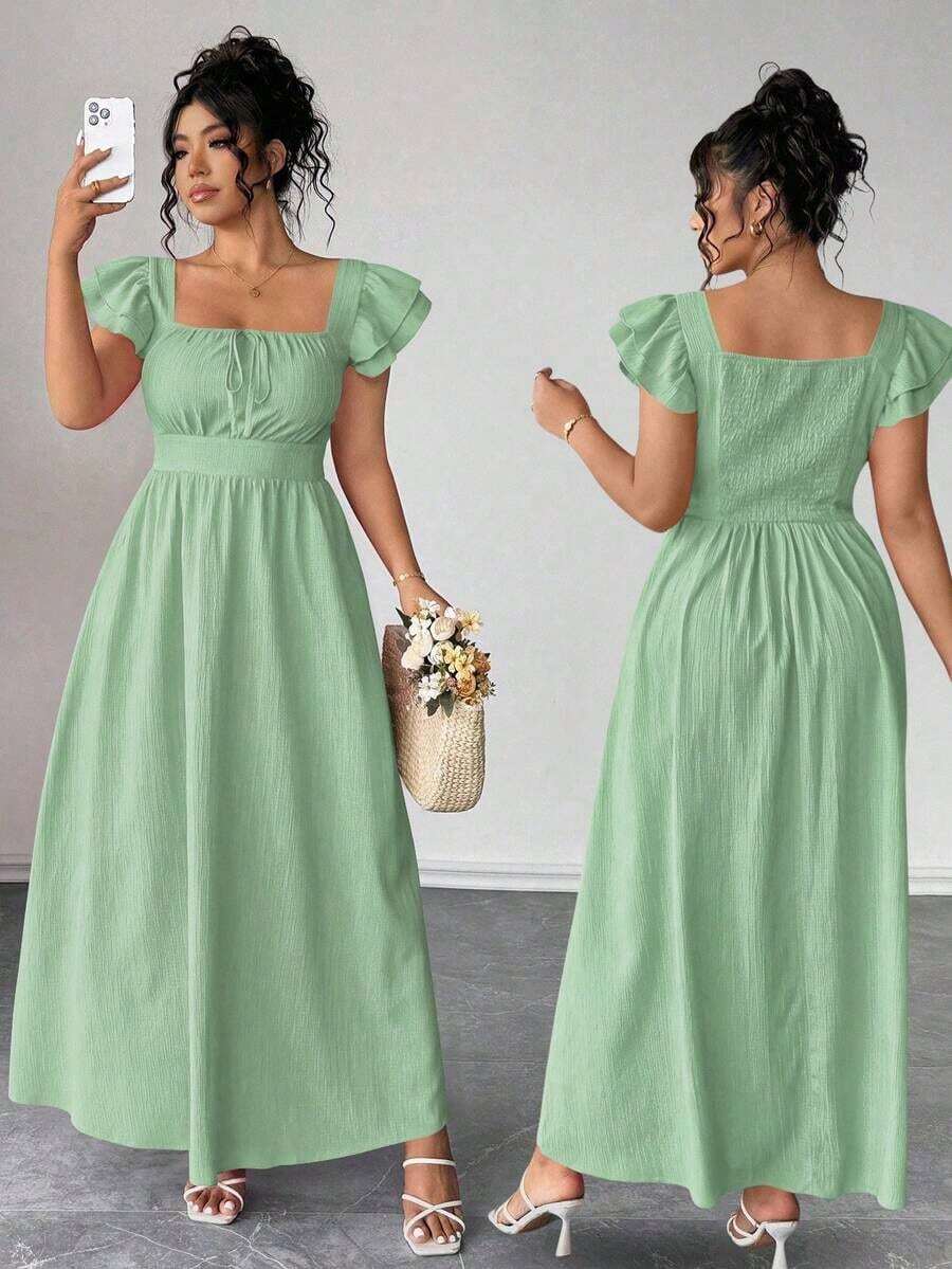 Vestido elegante de talla grande para mujer con cuello cuadrado, mangas con volantes en capas, lazo delantero y trasero, diseño ajustado en la cintura y casual - Verde 2 - Ver 1