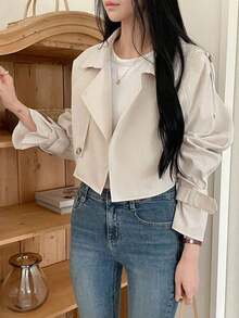 Abrigo casual de trinchera de unicolor con botones delanteros y manga larga, ropa de otoño para mujer - Albaricoque - Ver 6