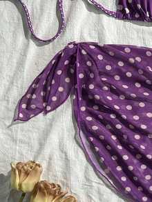 Conjunto de 3 piezas de bikini sexy con estampado de lunares, con parte superior de cuello halter y espalda descubierta, para vacaciones en la playa.Incluye bikini, falda y traje de baño con estampado de lunares. - Morado - Ver 7