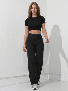 High-Waisted Wide-Leg Jeans, Ultra Comfortable For An Impeccable Everyday Look. - ZR112 hitam - View 2