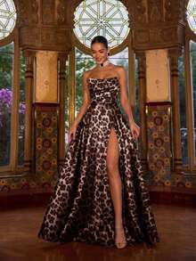Vestido de noche elegante de mujer con fruncidos y abertura alta - Vestido formal de primavera/verano, adecuado para bodas, galas, alfombras rojas, fiestas, invitados de boda, fiesta de vacaciones de verano - Marrón - Ver 7
