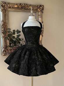 Vestido elegante, romántico y de moda de tela jacquard burdeos con escote halter, espalda descubierta y manga larga en corte evasé, adecuado para ceremonia de graduación, apertura de escuela, festival de música, fiesta de cumpleaños, boda, té de la tarde, baile de graduación - Negro - Ver 7