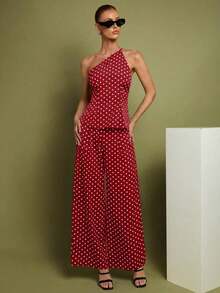 Set de 2 piezas de Top con hombros y pantalones a lunares para mujer, uso casual minimalista de todos los días - Burdeos - Ver 6