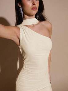 Vestido de malla ajustado con drapeado asimétrico, elegante y sexy vestido de gala para fiesta, boda, cumpleaños, Navidad, Halloween - Amarillo claro - Albaricoque - Ver 6