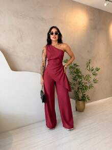 Elegant Asymmetrical Tailored Wide-Leg Pants And Blouse Set - 紅木色 - 查看 9