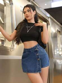 PETITE Short vaquero sexy con bolsillo frontal, cruce de cintura y abotonado para mujer - Azul lavado oscuro - Ver 5