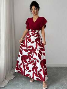 ajustado y acampanado con volantes y mangas de capa, con estampado de hojas de color rojo burdeos, para primavera/verano - Multicolor 3 - Ver 3