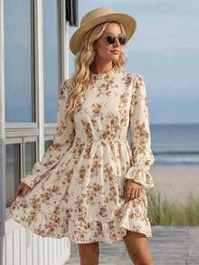 Vestido corto casual de manga larga con cuello alto y estampado floral para mujer - Multicolor 2 - Ver 7