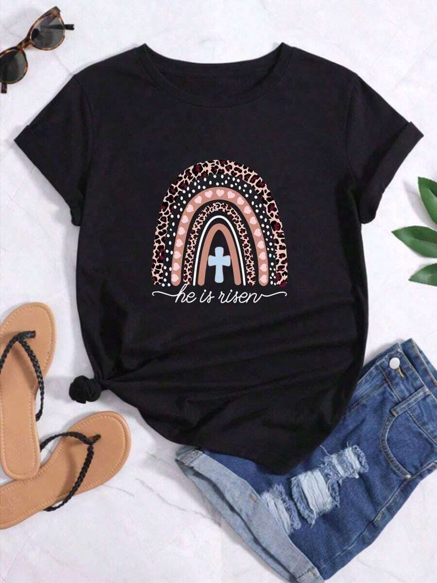 Camiseta casual para mujer con estampado de cruz arcoíris, adecuada para uso diario, deportes y trabajo. - Negro - Ver 1
