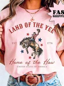 Camiseta del 4 de julio, Camiseta de EE. UU. , Camiseta del Cuarto de Julio, Camiseta Yee Haw, Camiseta de vaquero, Camiseta del 4 de julio estilo western, Camiseta Land Of The Yee, Camiseta de manga corta de algodón 100% de gran tamaño, Camiseta clásica de algodón grueso con estampado gráfico, Top casual de manga corta para mujer, Nueva camiseta elegante, Camisetas casuales de manga corta para hombre y mujer. - Rosa - Ver 3