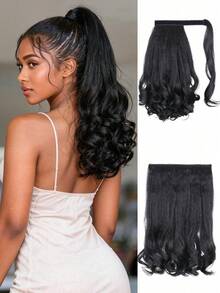 Set de 2 coleteros para moño medio, extensiones de cola de caballo 2 en 1 rizada y recta, piezas de cabello rizado y liso de 16 pulgadas para mujeres - Negro - Ver 10