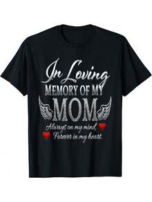 Elegante Camiseta Diaria [Talla Grande] Unisex Negra Casual Estampada - Diseño con la frase "Siempre Recordando a Mi Mamá", con fuentes cursivas y negras, adornada con alas plateadas y adornos de corazón rojo, junto con las palabras "Siempre en Mi Corazón" y "Para Siempre en Mi Corazón", un ajuste cómodo adecuado para todas las estaciones, Camiseta de Moda Chic. - Negro - Ver 7