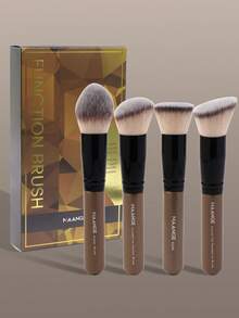MAANGE Juego de 4 brochas de maquillaje, incluye brocha para polvo, brocha para base, brocha para base de punta redonda, brocha para base de cabeza plana, juego de brochas de maquillaje profesional, juego de brochas de maquillaje, esencial de viaje, regalo para mujeres y niñas. - Marrón - Ver 3