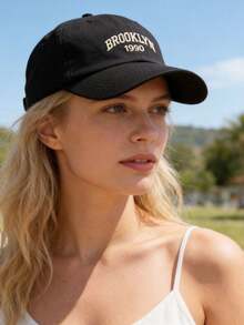 1 pieza Gorra de béisbol bordada Brooklyn para mujer, gorra casual unisex, protección solar para exteriores, ajustable, adecuada para viajes de primavera/otoño, vacaciones en la playa - Negro - Ver 5