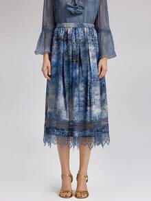 Rich Radi Q's Women's Elegant A-Line Midi Dress, Featuring Contrast Lace Trim And Woven Fabric, Minimalist Stylish Blue Pattern Design, Suitable For Women In Summer - Blue - View 11