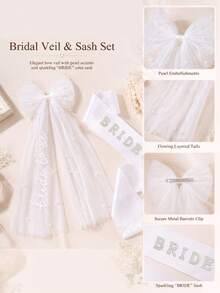 2pcs/Set Bridal Veil & Sash Set, White Veil With "Bride" Letter & Pearl Decor, Suitable For Bridesmaid Party, Bridal Shower, Wedding Photography, Bridal Accessories, Wedding Party Decor, Robe Accessories, Wedding Entrance Decor. Suitable For Bachelorette Party, Bridal Shower Gift, Wedding Decor, Pre-Wedding Party And Wedding Photography. - White - View 7