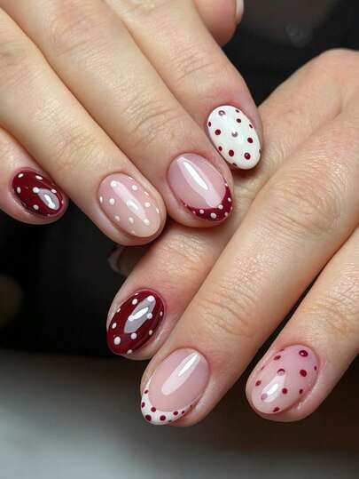 24pcs/Set Short Oval Minimalist Summer French Polka Dot Detachable False Nails, Includes: 1pc Jelly Gel And 1pc Nail File, Suitable For Women And Girls For Daily, Party And Other Occasions
