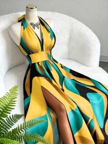 Nuevo vestido maxi de diseño elegante y sexy de estilo francés con cuello en V, halter, cintura expuesta, espalda descubierta, corte evasé y abertura, sin mangas, con estampado floral rojo y verde, de alta calidad y sofisticado para mujeres - Amarillo - Ver 3