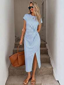 Vestido midi sin mangas con abertura alta, estampado elegante de lazo a rayas rosa, estilo minimalista casual; Vestido de punto de textura casual ajustado para mujer; Conjunto de fitness para mujer; Vestido de invitada de boda para mujer; Atuen - Multicolor 5 - Ver 5