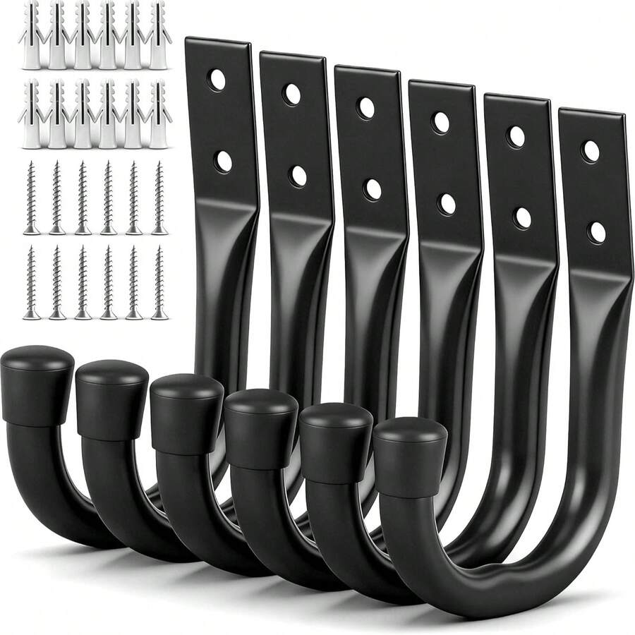 6pcs Heavy Duty Garage Hooks, Metal Wall-Mounted Large J-Shaped Practical Hooks, For Organizing Garage Storage Cords, Tools, Coats, Backpacks, Etc., Suitable For Indoor And Outdoor Use, Black - Black - View 1