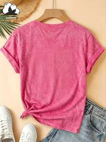 Plus Size Women's Summer Short-Sleeved T-Shirt, Featuring A Simple Print Of A Sequined Coconut Tree, Retro Washed Finish, Fashionable And . Vacation - Dragon Fruit Color - View 3