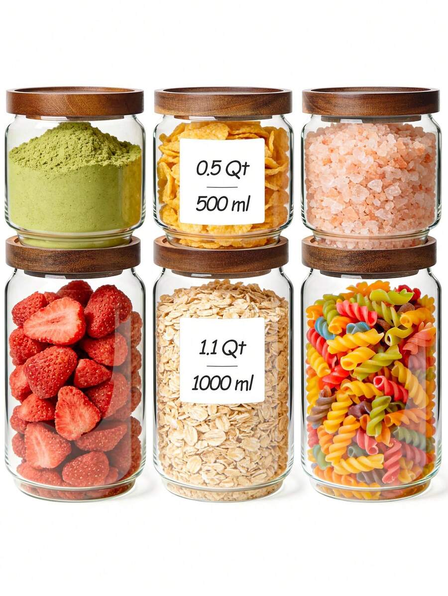 1pc Airtight Glass Storage Jar With Oak Wood Lid, Stackable Design For Organized Pantry And Kitchen Dry Goods - Multicolor - View 1