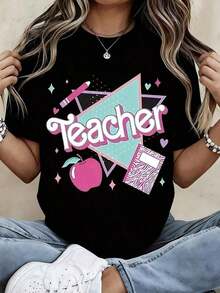 ropa de mujer Camiseta de Profesora Blanca con Estampado de Manzana y Cuaderno Ropa Casual para Mujer para la Escuela y Uso Diario camisas de mujer - Negro - Ver 1