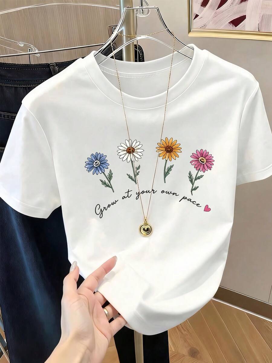 Camiseta de manga corta con estampado para mujer, ropa de primavera, atuendo para festividades, blanca para verano, look playero, estilo vacacional, estilo rural, atuendo de oficina para mujer. - Blanco - Ver 1