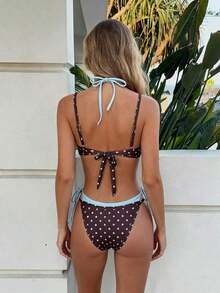 Conjunto de traje de baño para mujer 2026, parte superior de bikini con estampado de lunares y contraste de color tipo halter sexy con espalda descubierta, y Bottom tipo tanga, adecuado para el Día de San Valentín, la playa, resort, vacaciones al aire libre en verano - Caqui - Ver 7