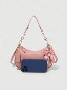 Bolso de hombro en forma de media luna 2025, nuevo diseño de moda clásico y versátil con decoración de patrón de letras, unicolor, material PU impermeable, bolso de mano y bandolera, adecuad - Camel - Ver 9
