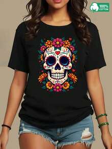 disfraz halloween hombre1pc Blusas de mujer Ropa de mujer Hermosas blusas para mujer Blusas hermosas para mujer Calavera floral 180G Blanco y negro Camiseta con estampado de calavera de azúcar Cuello redondo de alta calidad Corte holgado básico Transpirable Versátil Lavable a máquina Talla cómoda S ~ 3XL Esencial para uso diario, casual y deportivo en verano.playera de hombretwilight Y2k Camiseta Camisa De - Negro - Ver 3