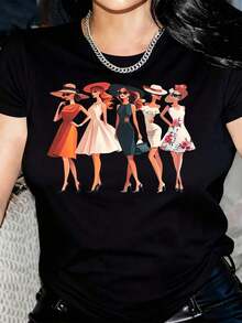 Women's  Summer T-Shirt With A Stylish Print - Casual Crew Neck, Short Sleeves, Comfortable For All Seasons, Perfect For Parties, Weddings, And Special Occasions. Versatile Clothing With A Stylish Print And Comfortable Fit. Women's Short-Sleeve T-Shirt, A Basic Style For Indoor And Outdoor Wear. - 黑色 - 查看 10