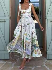 Printed Midi Dress With Straps, 2026 Style, Elegant And Casual Holiday Fashion - 白色 - 查看 7