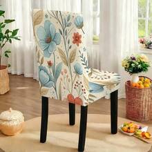 1pc/2pcs/4pcs/6pcs/30pcs Capa Elástica para Cadeira de Jantar, Tamanho Universal, Estilo de Arte Floral em Aguarela, Estampa de Flores Azul & Laranja, Poliéster de Alta Elasticidade, Cobertura Total, Resistente a Manchas, Lavável & Removível - Multicolorido - Ver 10