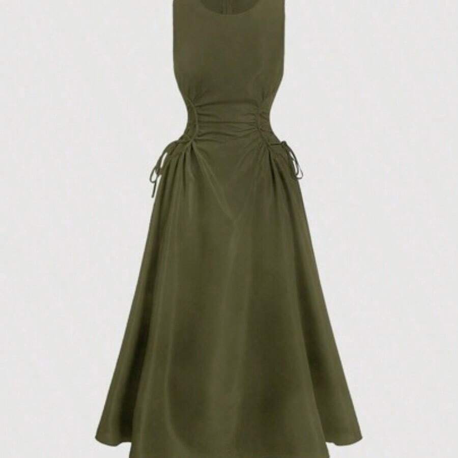 MOD Plus Size Solid Color Round Neck Sleeveless Back Zipper Ruched Casual Dress,Graduation Dress,Birthday Dresses For Women - Verde militar - Ver 1