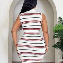 Slayr Spring/Summer New Casual Street & Vacation & College & Daily Outing & Casual & Beach & Music Festival Fitted Sleeveless Shirt Collar Half-Open Dress Colorful Striped Contrast Mini Bodycon Knitted Sweater Dress, Plus Size - Multicolor - Ver 3