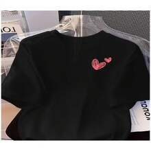 Women's Sexy Casual Cotton Round Neck Short Sleeve T-Shirt with Cute Heart Print - Negro - Ver 1