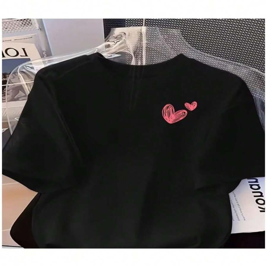 Women's Sexy Casual Cotton Round Neck Short Sleeve T-Shirt with Cute Heart Print - Negro - Ver 1